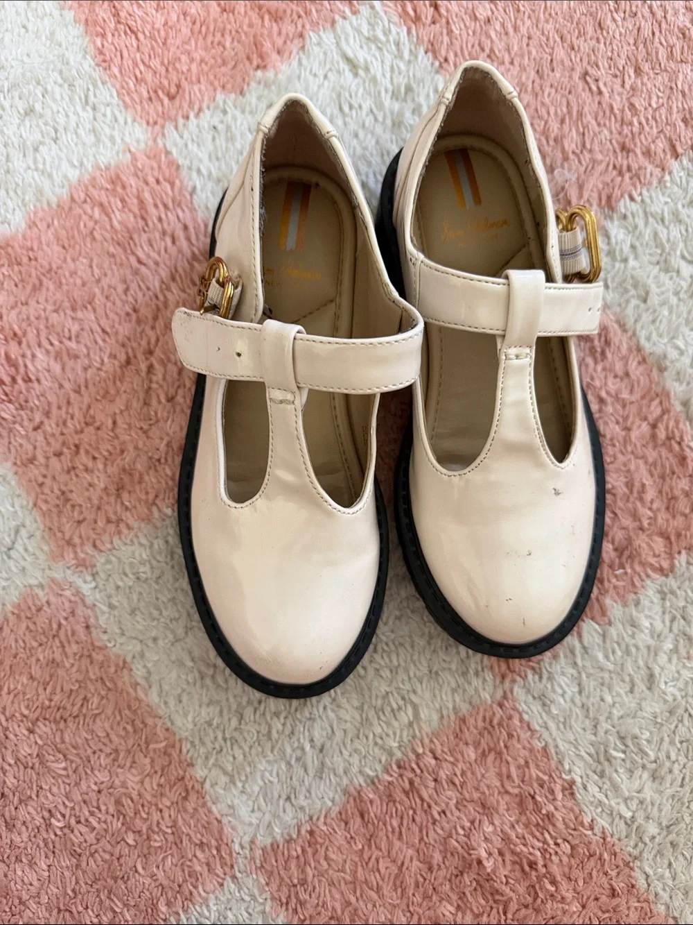 Sam Edelman Girls' Cream T-Strap Mary Jane Shoes with Black Sole